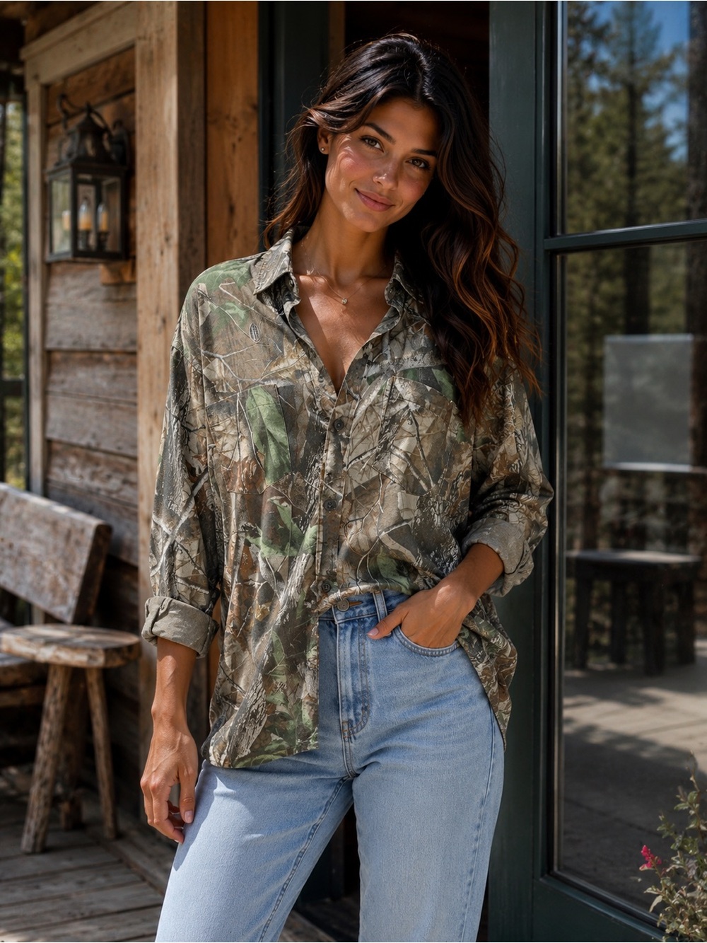 Button-Down Camouflage Print Shirt - Green